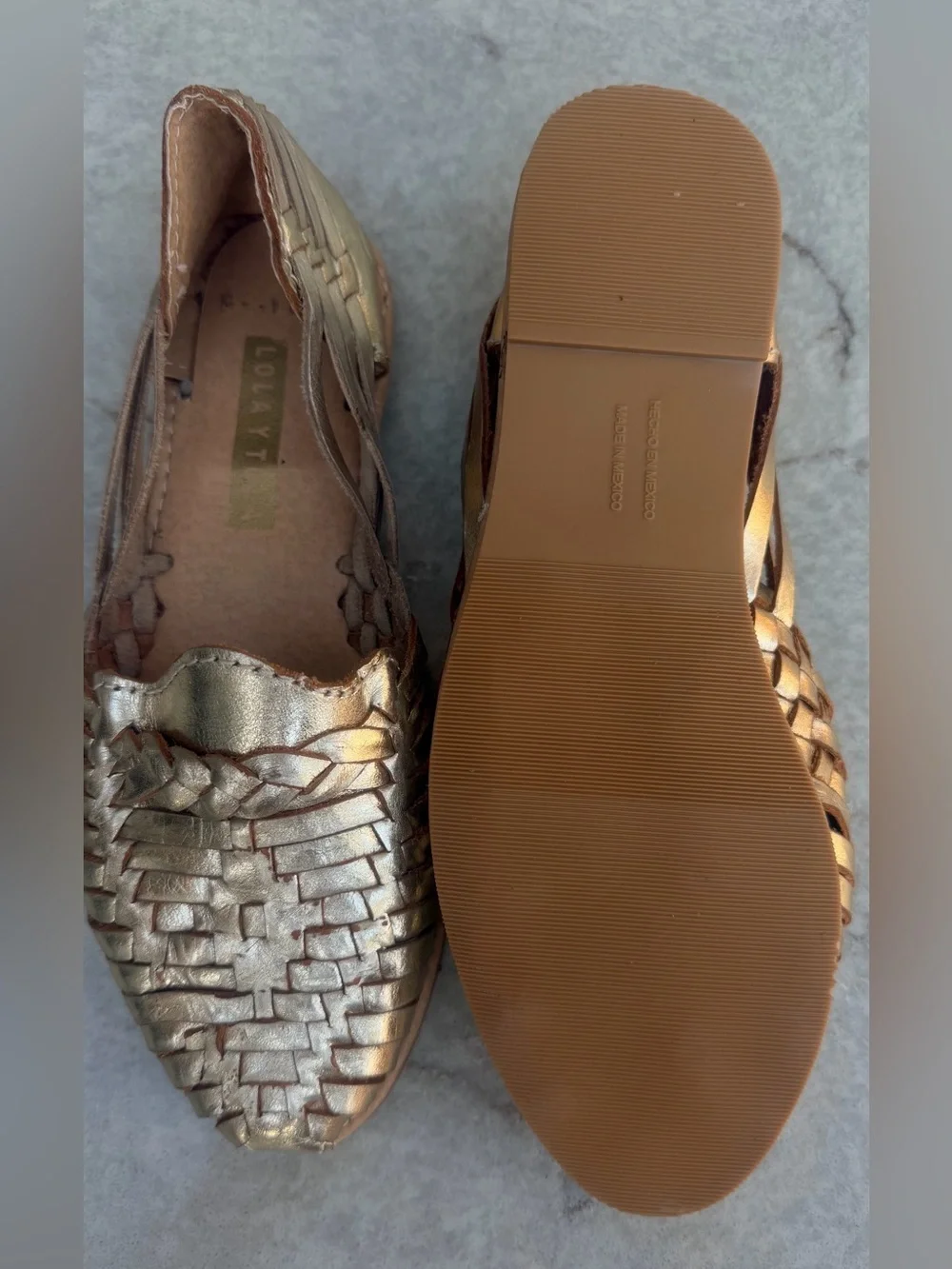 Lola y Tula Mexican Huarache Gold Woven Leather Slip-On Flats